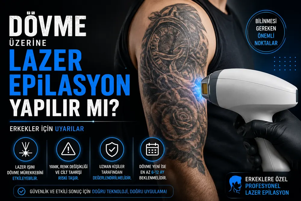 Dövmeli bölgede dövmenin çevresine güvenli mesafe bırakılarak erkek lazer epilasyon uygulamasının temsili görseli