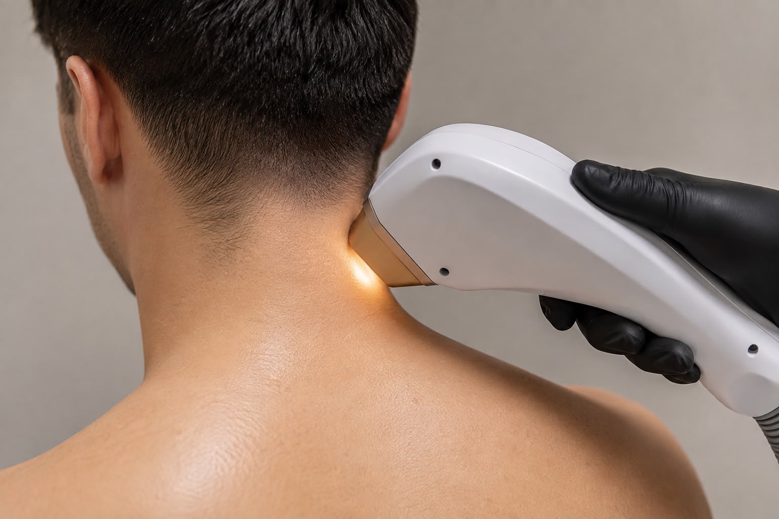 Erkek ensesinde saç çizgisi altına lazer epilasyon uygulanırken çekilmiş yakın plan görüntü