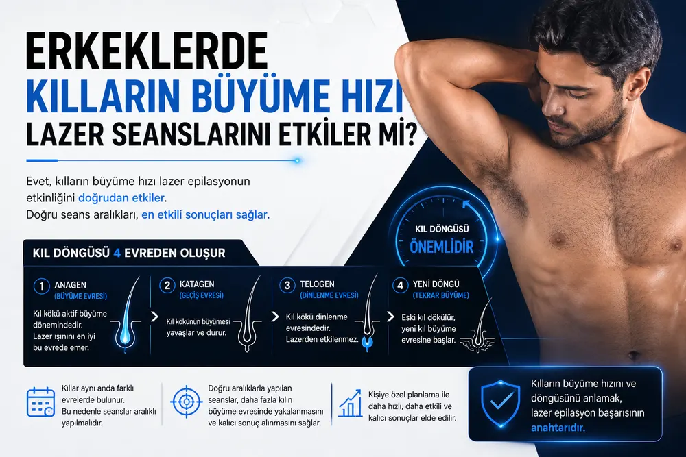 Kıl büyüme döngüsü evreleri ve lazerin aktif büyüme evresindeki kıla etkisini gösteren şema