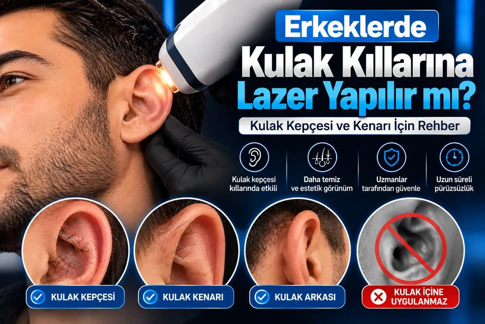 Erkekte kulak kepçesi ve kulak kenarındaki kılların lazer epilasyon öncesi değerlendirilmesi