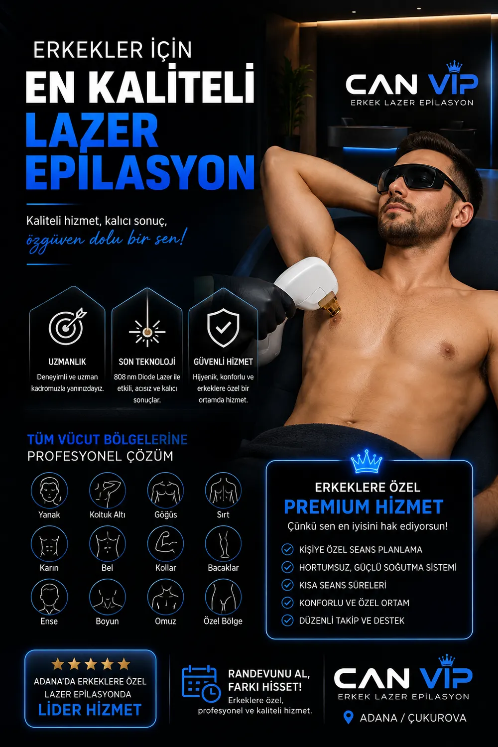 Erkek lazer epilasyonda ücretsiz kıl analizi ve kişiye özel plan değerlendirmesini temsil eden görsel
