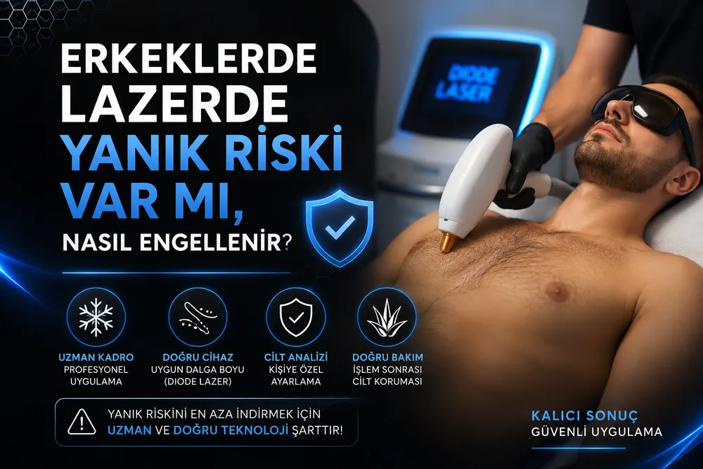 Erkek lazer epilasyonda yanık riskini artıran faktörleri temsil eden cilt ve kıl değerlendirmesi görseli