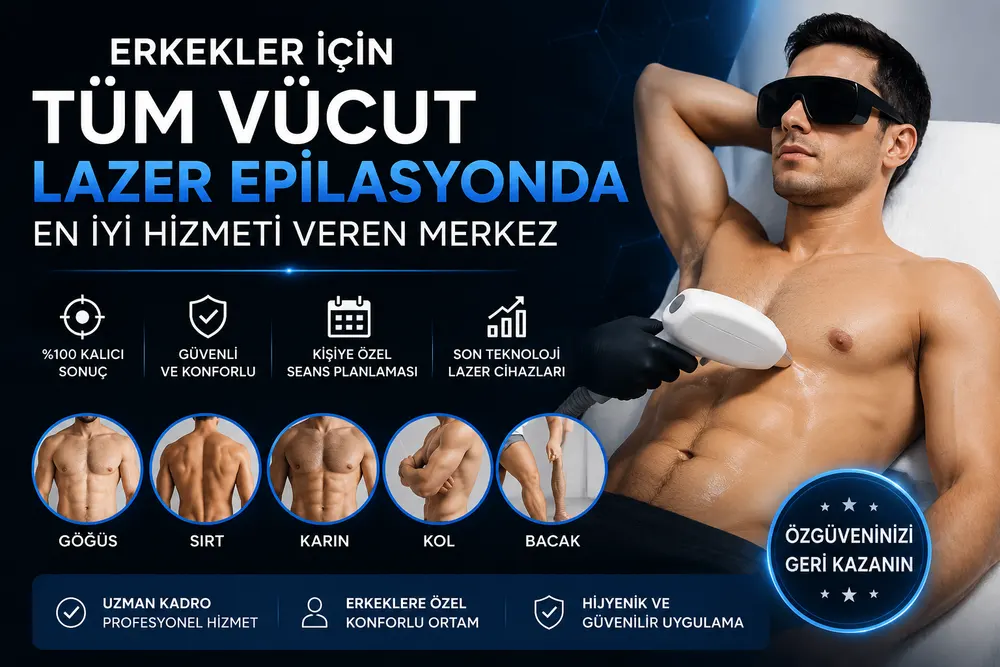 Erkeklerde tüm vücut lazer epilasyon kapsamına giren bölgeleri temsil eden uygulama görseli