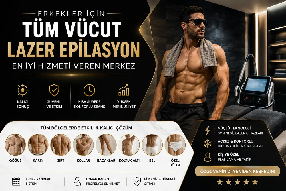Can Vip Erkek Bakım'da erkek tüm vücut lazer epilasyon uygulamasının bölge bölge planlanmasını temsil eden görsel
