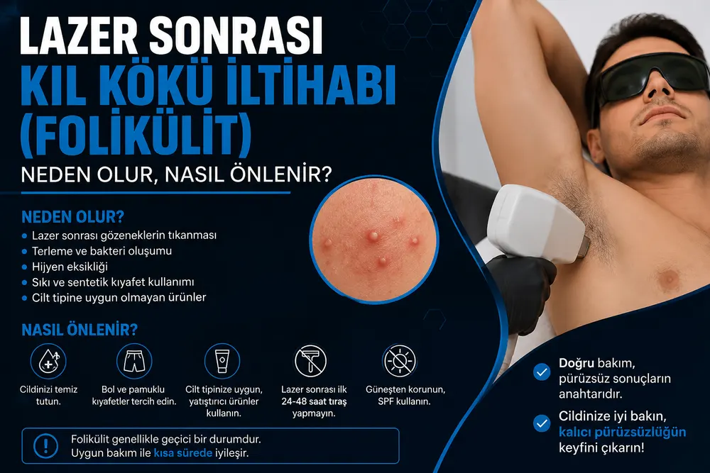 Adana erkek lazer epilasyon sonrası kıl köklerinde oluşabilen folikülit reaksiyonunu temsil eden erkek uygulama görseli
