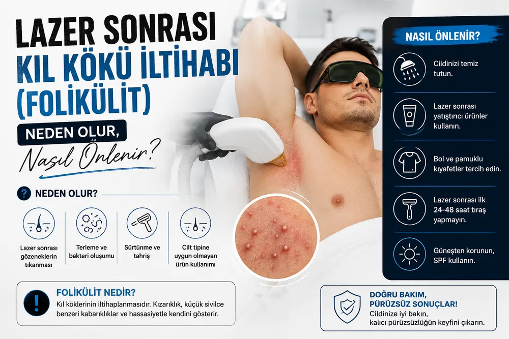 Lazer epilasyon sonrası folikülit riskini azaltmak için cilt bakımını temsil eden erkek uygulama görseli