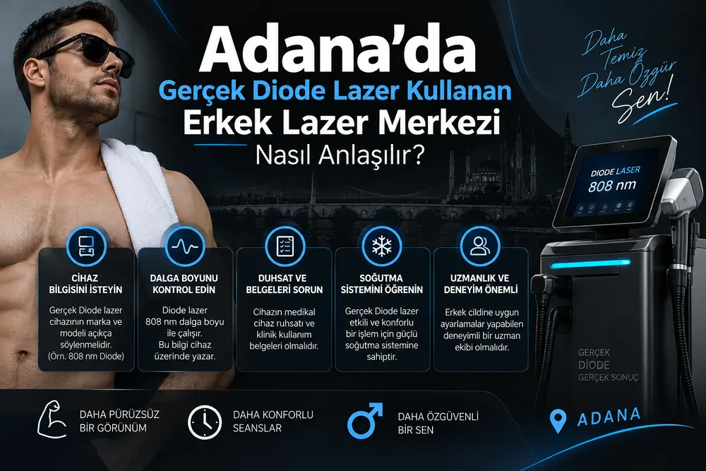 Adana erkek lazer epilasyon uygulamasında soğutmalı diode lazer başlığının cilde temas ederek çalışması