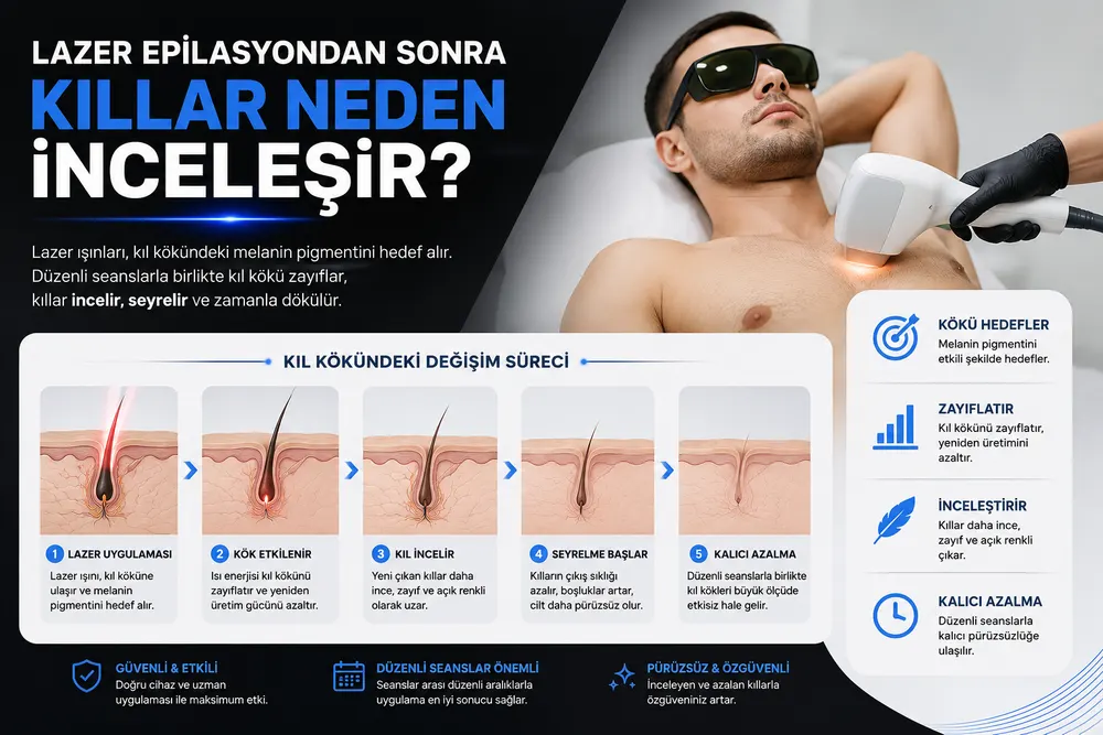 Erkek lazer epilasyon sürecinde kıl yapısının kalın terminal kıldan ince tüye doğru değişimi