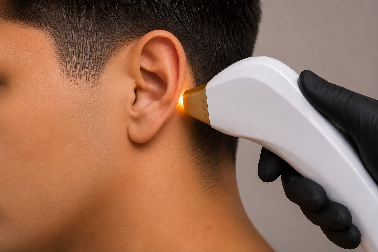 Erkek danışanın kulak kepçesine Diode 808 nm buz lazer başlığıyla uygulama yapılırken çekilmiş görsel