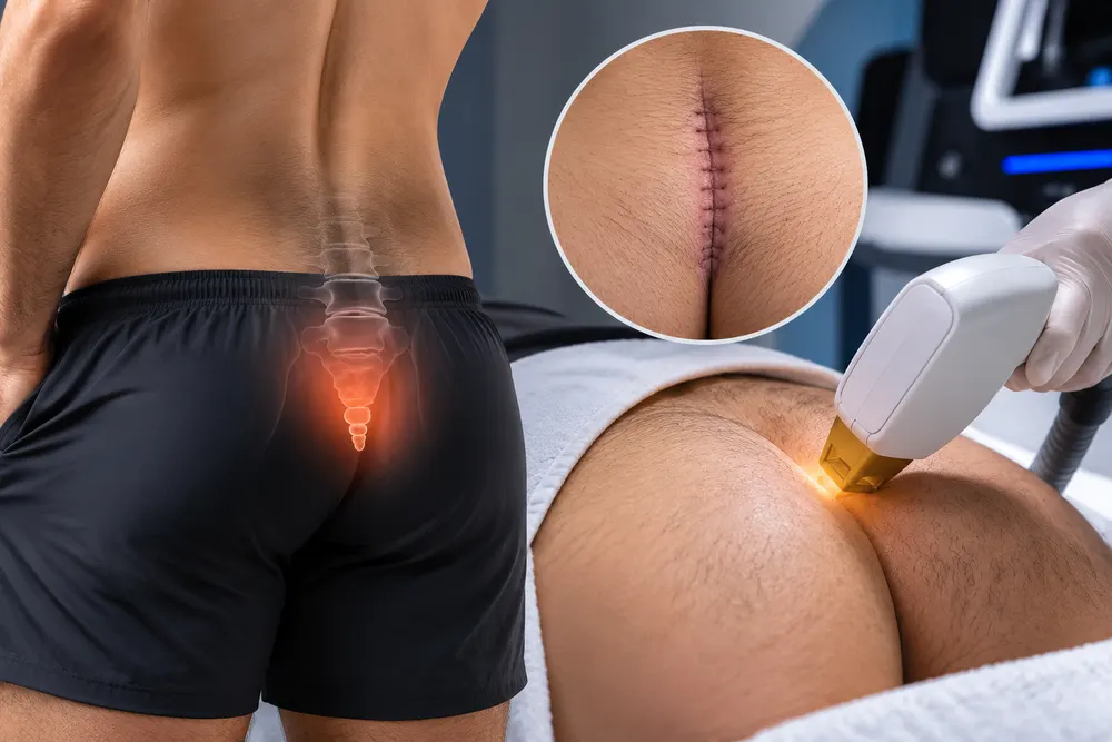 Kuyruk sokumu ameliyatı sonrası iyileşmiş bölgede erkek lazer epilasyon öncesi değerlendirme