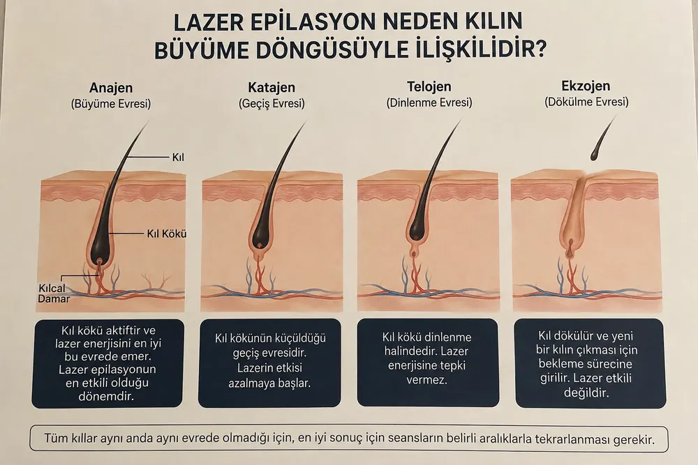 Kıl büyüme döngüsünün anagen, katagen ve telogen evreleri ile lazerin aktif büyüme evresindeki kıla etkisini gösteren şema