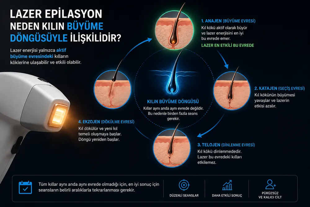 Erkek lazer epilasyonda seans aralığının kıl büyüme döngüsüne göre planlanmasını temsil eden görsel