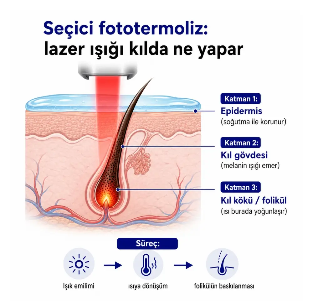 Seçici fototermoliz: lazer ışığının kıl kökünde nasıl çalıştığını gösteren kesit diyagramı