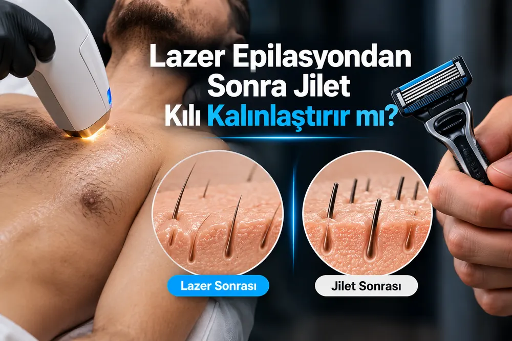 Erkek lazer epilasyon sürecinde jiletle tıraş sonrası kılın küt ucunun daha sert hissedilmesini anlatan görsel
