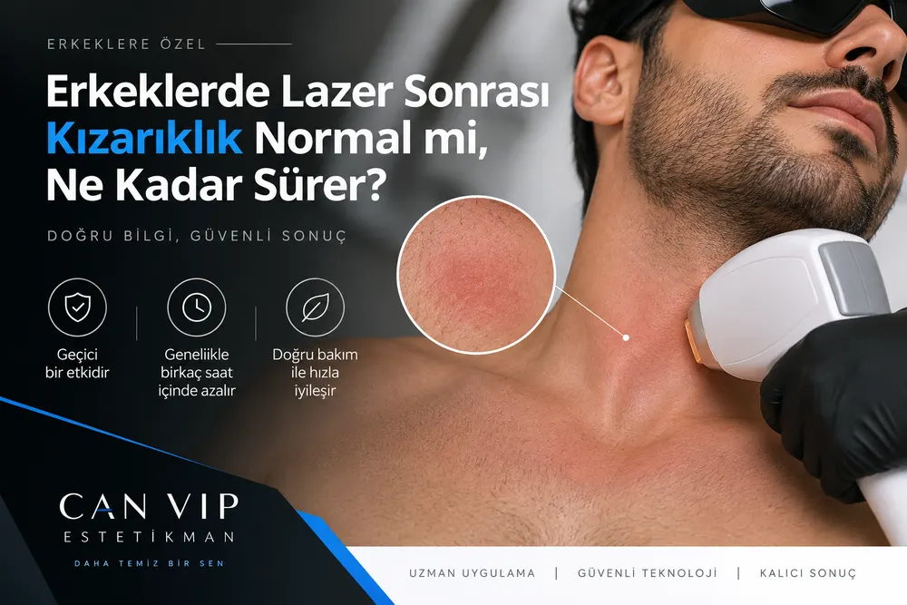 Erkeklerde lazer sonrası kızarıklığın saatler ve günler içinde azalmasını anlatan görsel