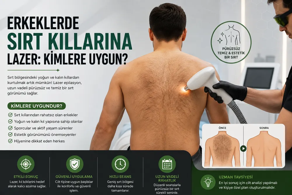 Erkeklerde sırt kıllarına lazer kimlere uygun sorusunu özetleyen bilgilendirme görseli