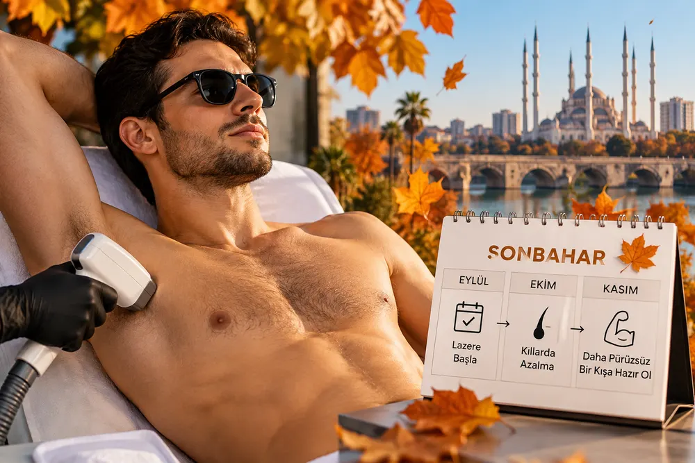 Adana erkek lazer epilasyon için sırt, göğüs ve omuz gibi bölgelerin sonbahar planlamasını temsil eden uygulama görseli